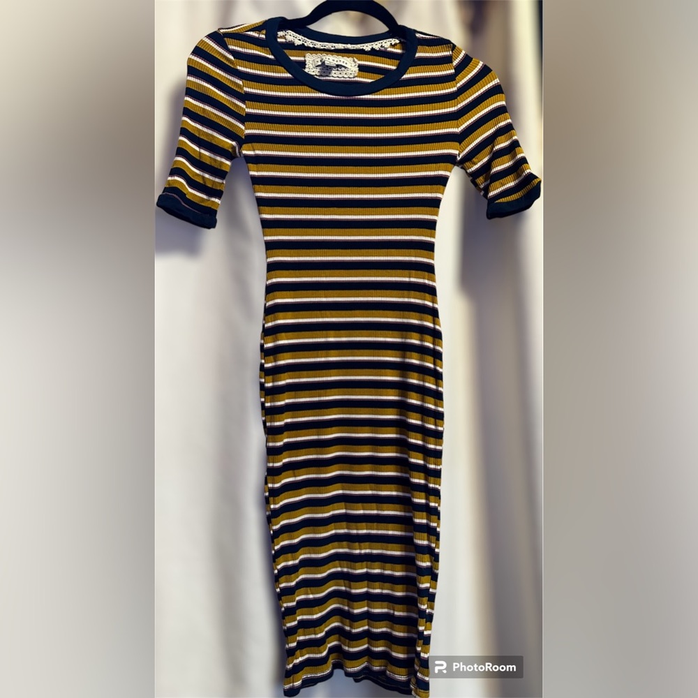 Blue, Yellow, Pink, and White Striped Bodycon Style Dress. Ribbed Material.